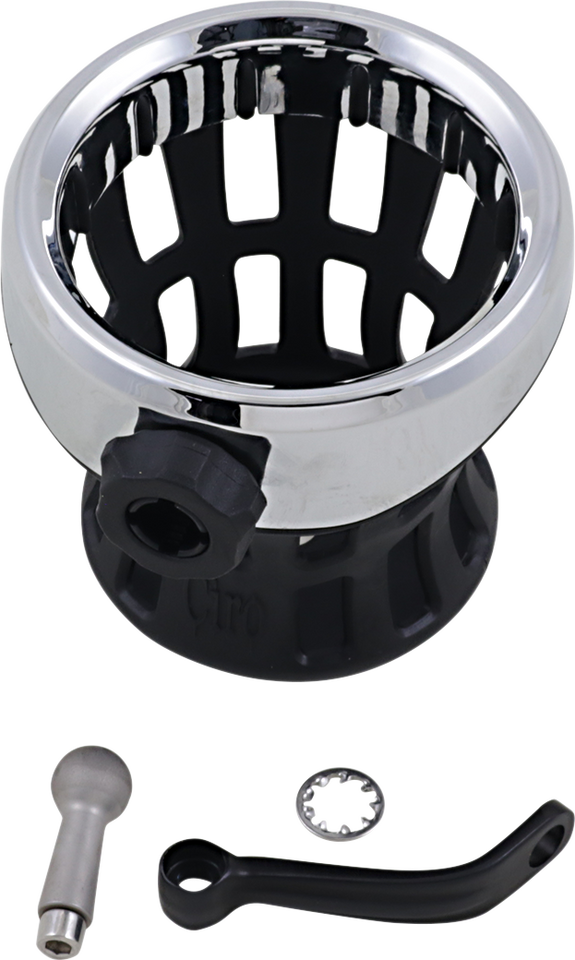 Drink Holder - Mirror Stem Mount - Chrome/Black - Lutzka's Garage