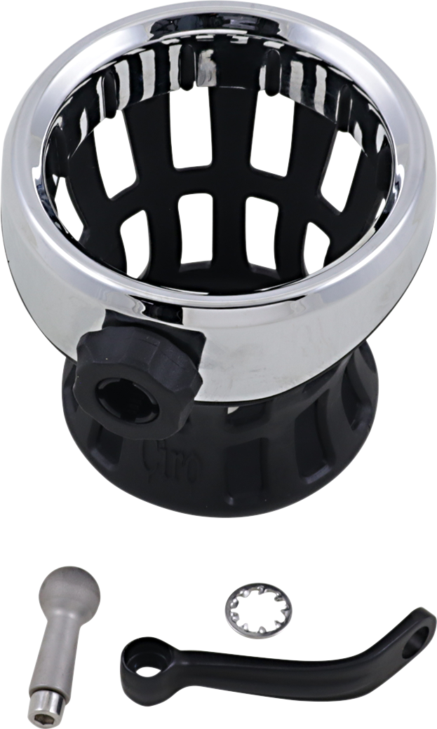 Drink Holder - Mirror Stem Mount - Chrome/Black - Lutzka's Garage