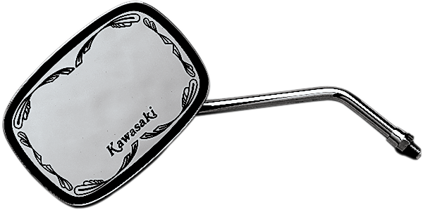 Mirror - Die-Cast - Kawasaki Scrolled - Side View - Rectangle - M10 x 1.25 - Chrome - Left/Right - Lutzka's Garage