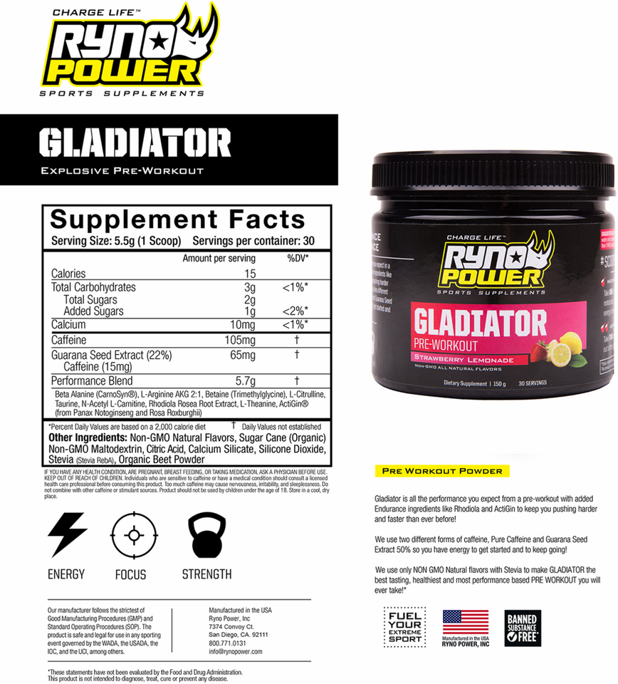 Gladiator Pre-Workout Drink Mix - Tub - Strawberry Lemonade