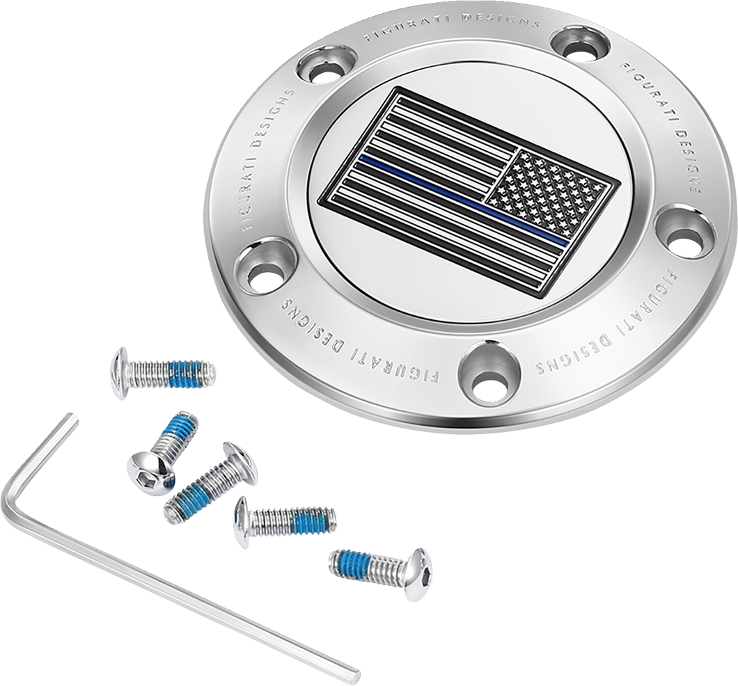 Timing Cover - 5 Hole - Blue Line American Flag - Stainless Steel - Lutzka's Garage